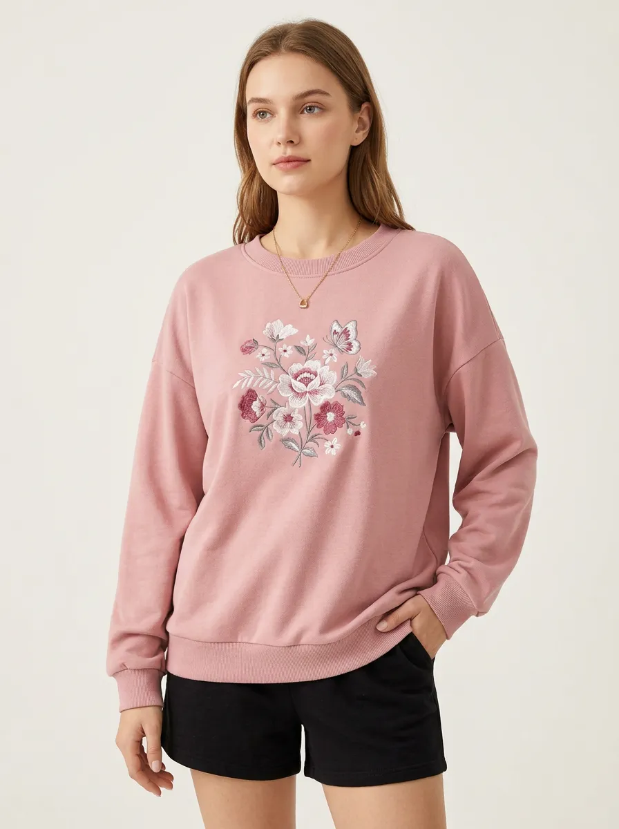 Women's Dusty Rose Floral Embroidered Sweatshirt