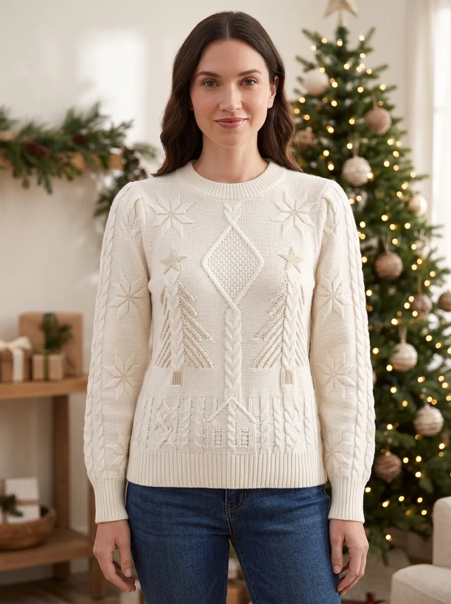 Christmas Holiday Snowflake Pine Tree Festive Patterned Knit Sweater