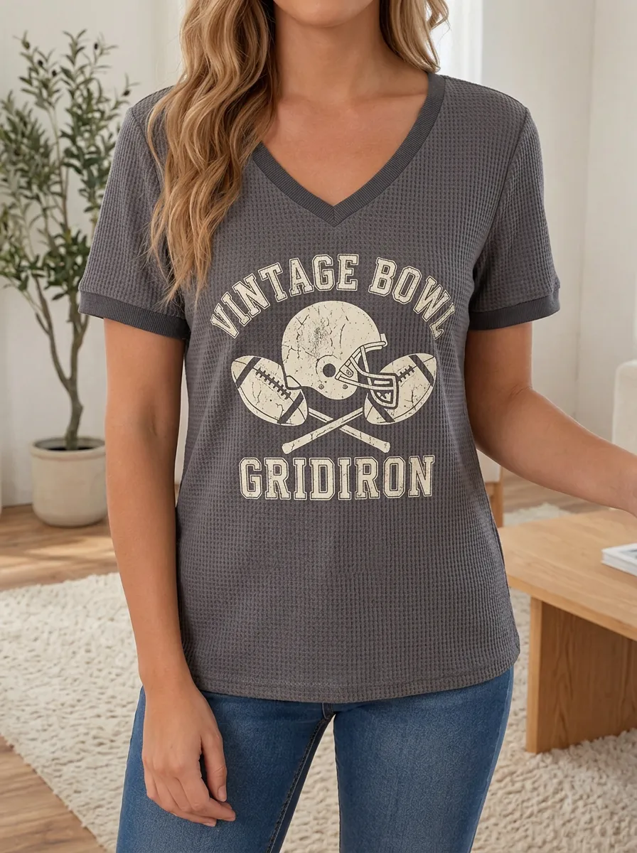 Women's Vintage Bowl Gridiron Football Printed Waffle Top