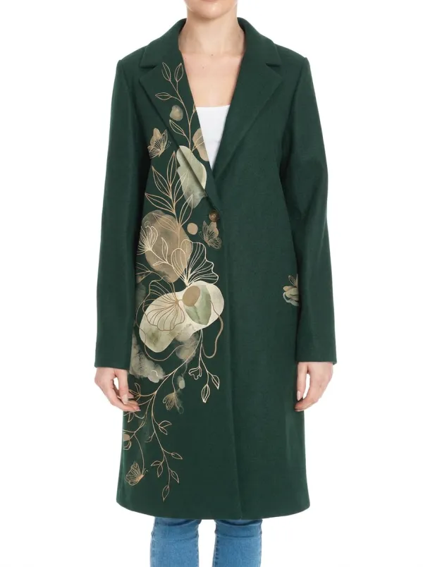 Women's Floral Art Lover Gold Botanical Printed Wool Coat