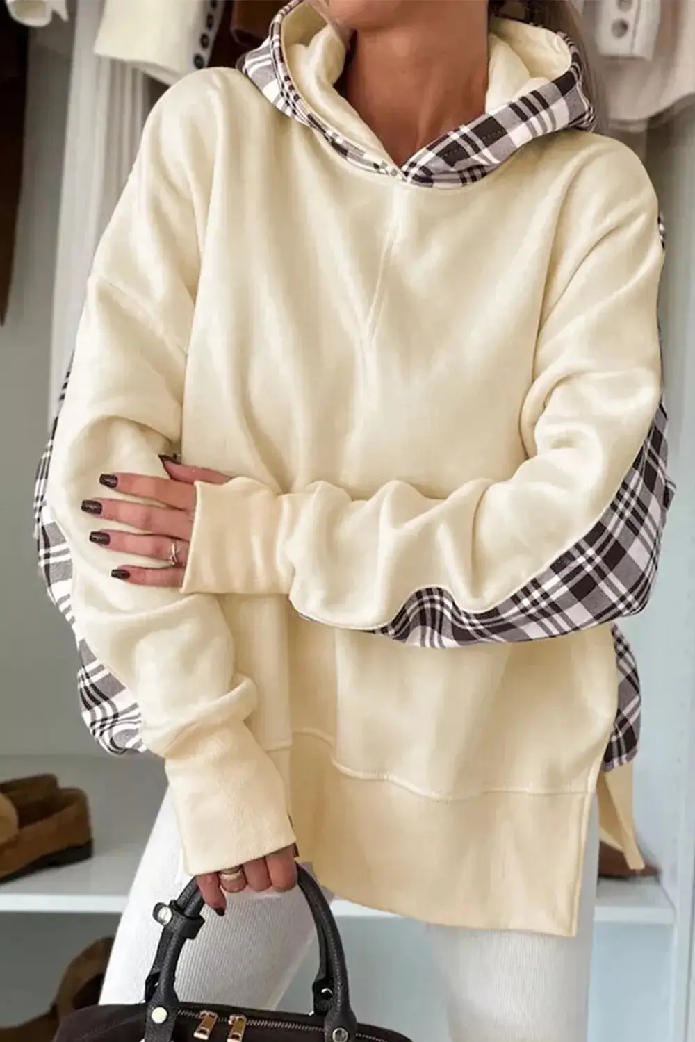 Drawstring Pocketed Long-Sleeve Plaid Hoodie
