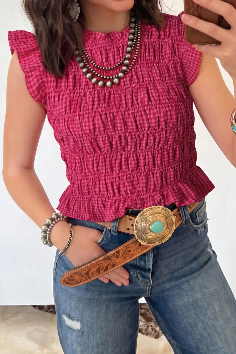 Plaid Shirred Ruffle Trim Tank Top