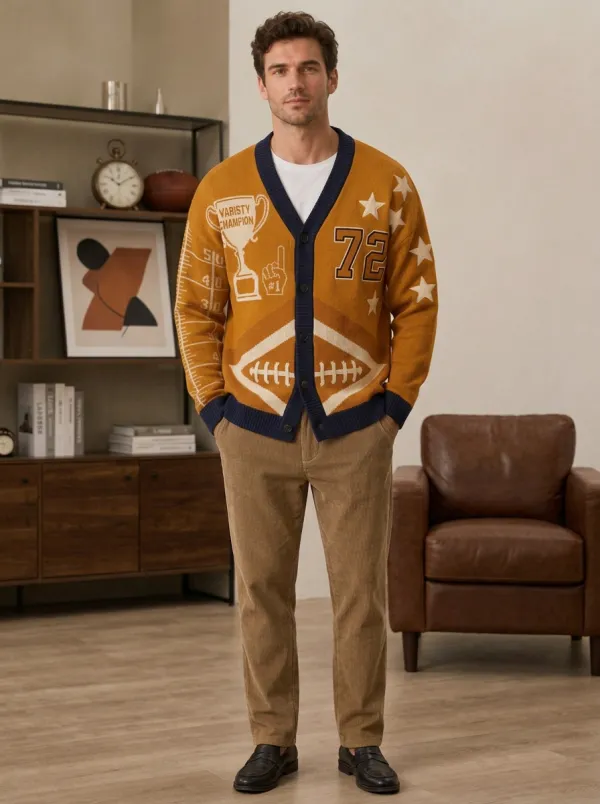 Men's Football Varsity Champion Star Knit Knit Cardigan