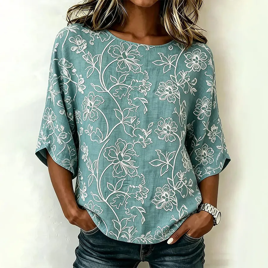Women's Casual Round-Neck Printed Cotton