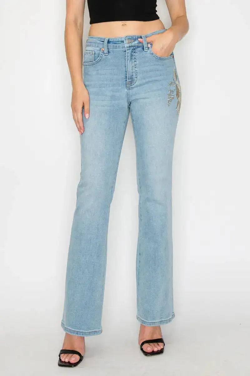 High Rise Embroidered Vintage Style Bootcut Denim Jeans