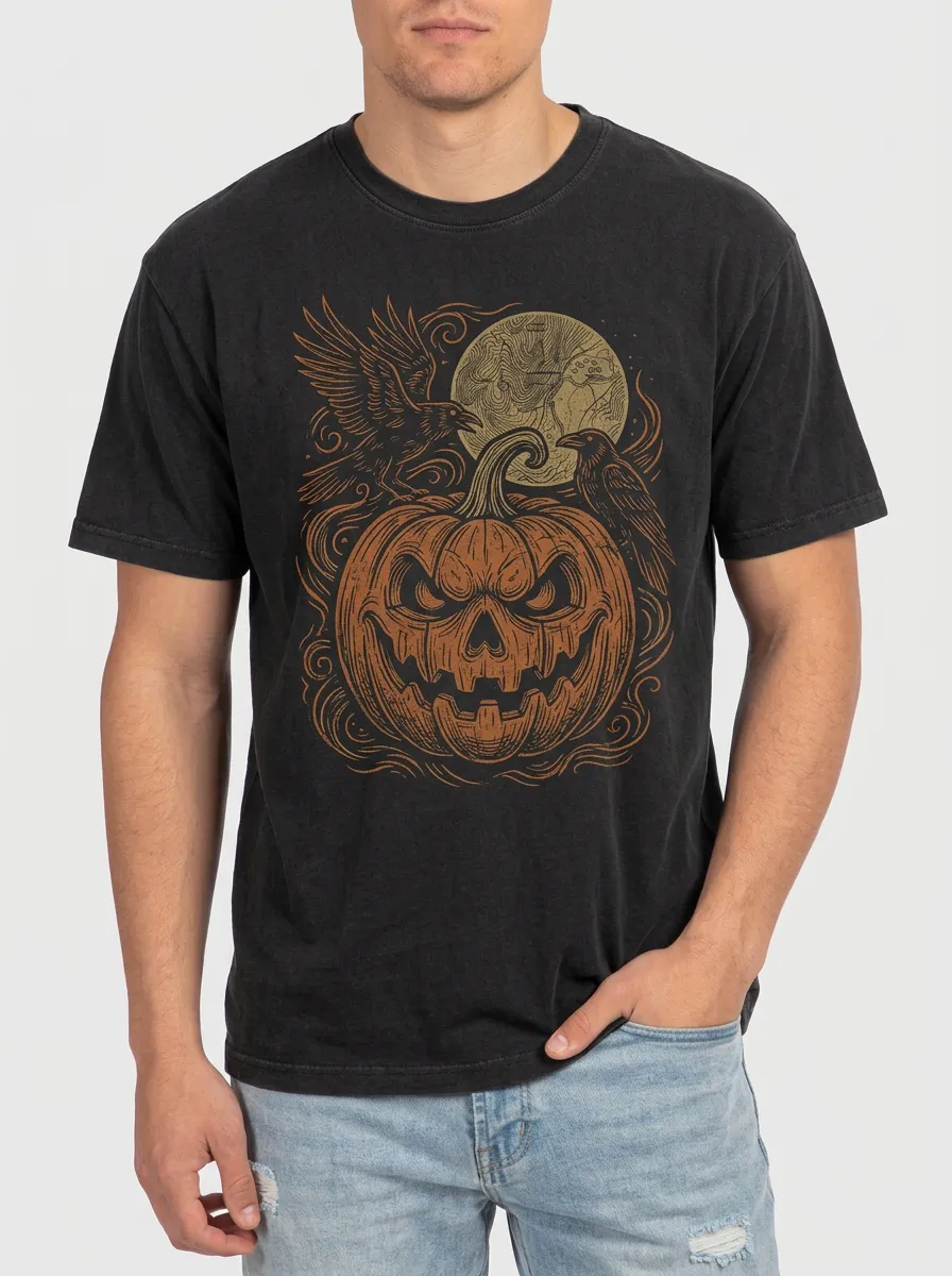 Men's Halloween Spooky Pumpkin Raven Moon Printed T-shirt