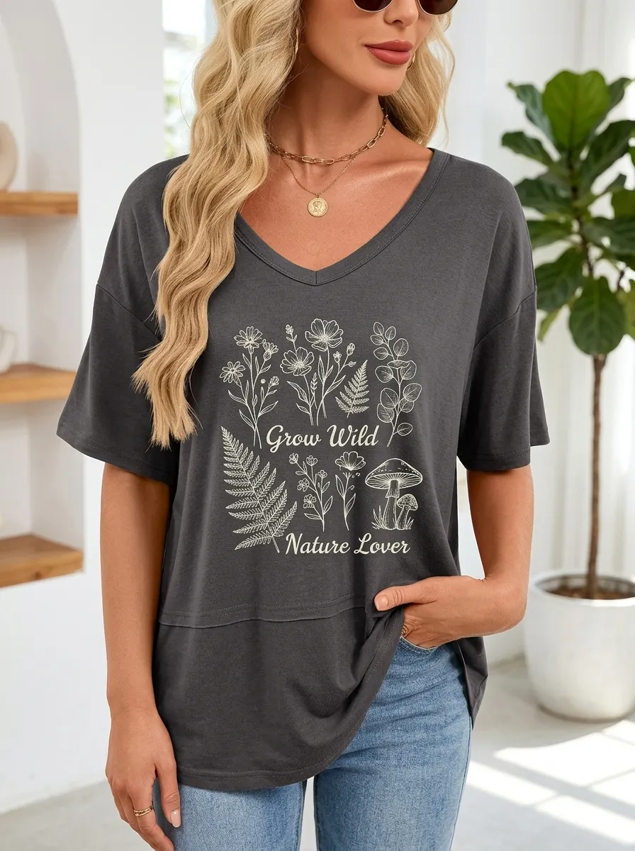 Women's Nature Lover Grow Wild Mushroom Floral Printed T-shirt