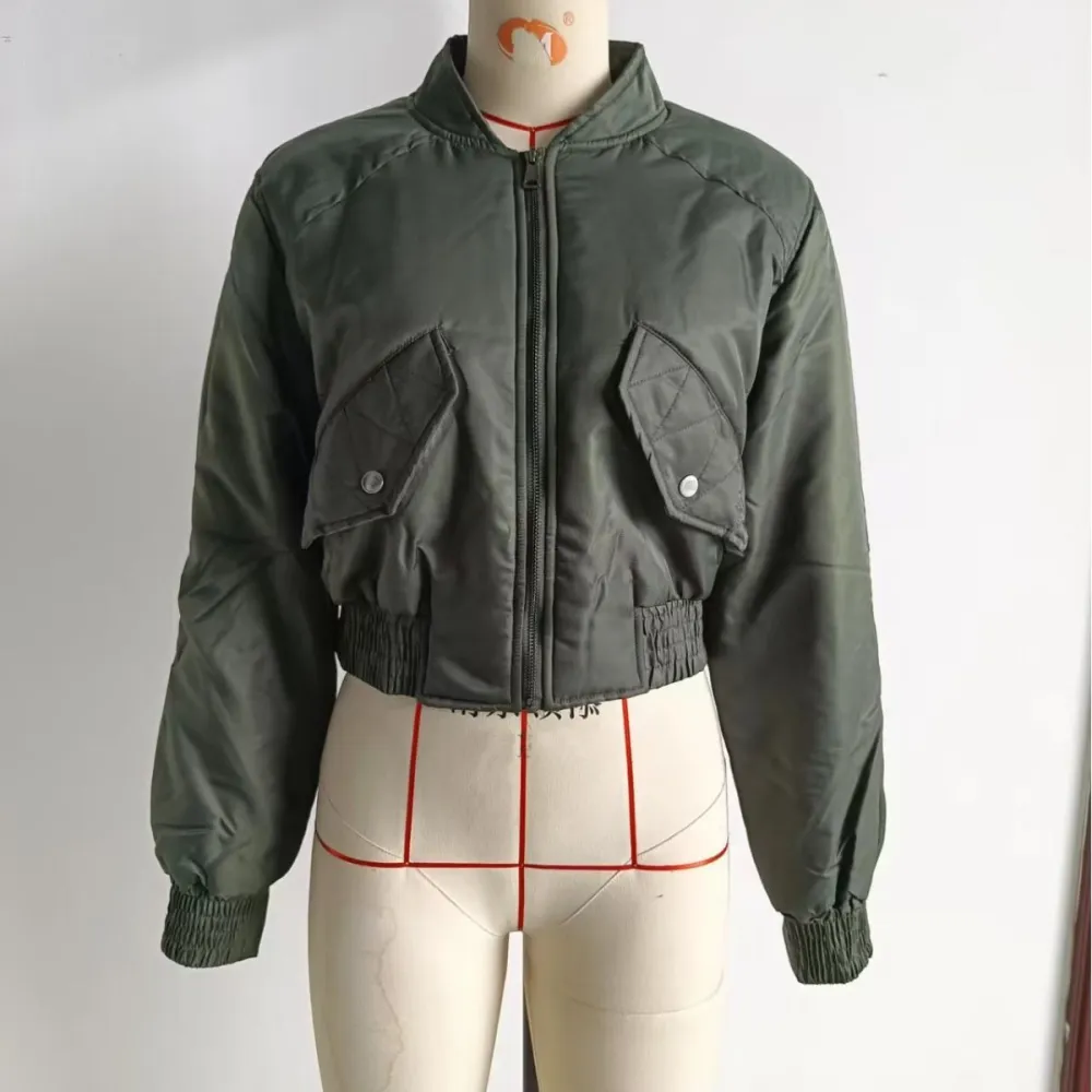 Cropped Quilted Stand Collar Flap Pocket Bomber Jacket