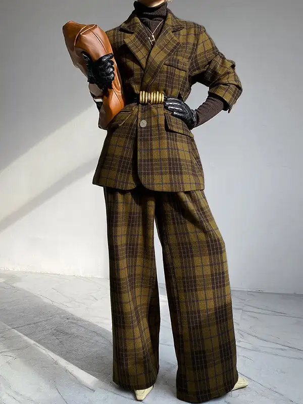 Plaid Split Lapel Jacket Textured Coat