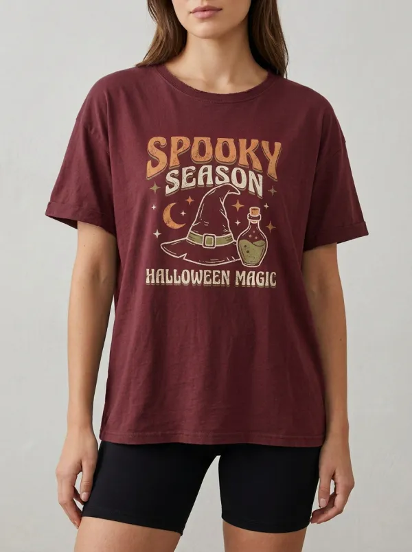 Women's Halloween Spooky Season Witch Hat Potion Printed T-shirt