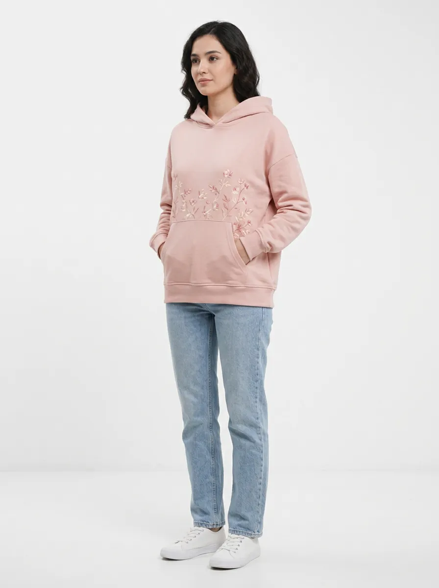 Women's Floral Nature Lover Pink Embroidered Printed Hoodie