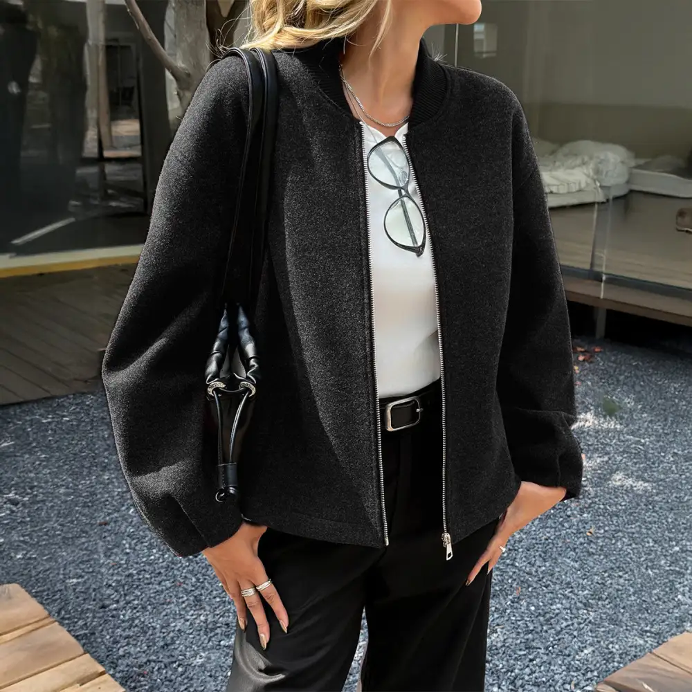 Oversized Relaxed Stand Collar Zip Front Bomber Jacket