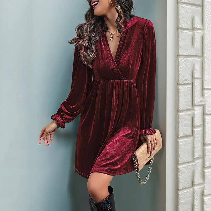 Women's V-Neck Long-Sleeve Velvet Bridal Dress