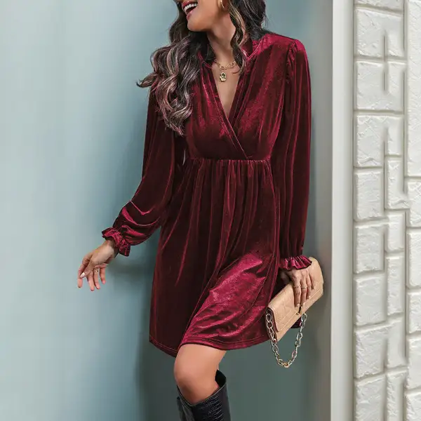 Women's V-Neck Long-Sleeve Velvet Bridal Dress
