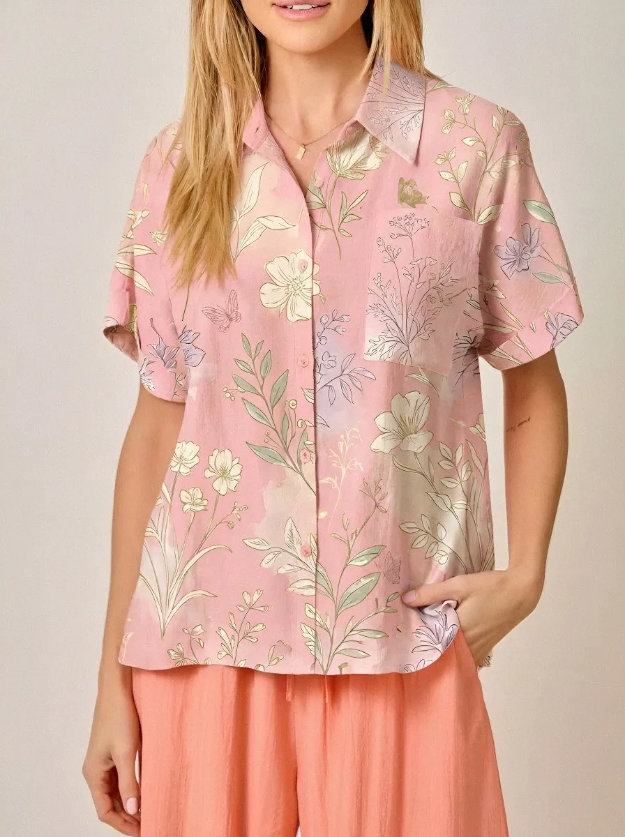 Women's Botanical Floral Butterfly Printed Button-Down Shirt