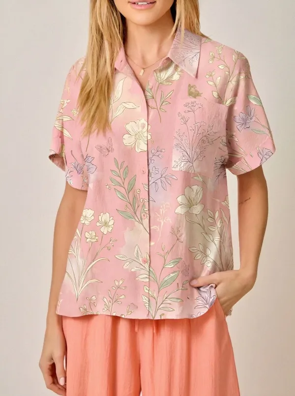 Women's Botanical Floral Butterfly Printed Button-Down Shirt