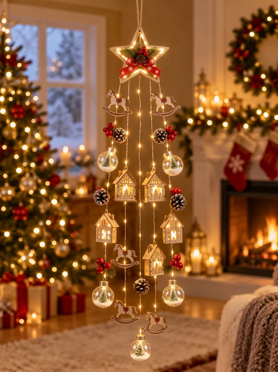 Wooden House Rocking Horse Christmas LED String Lights