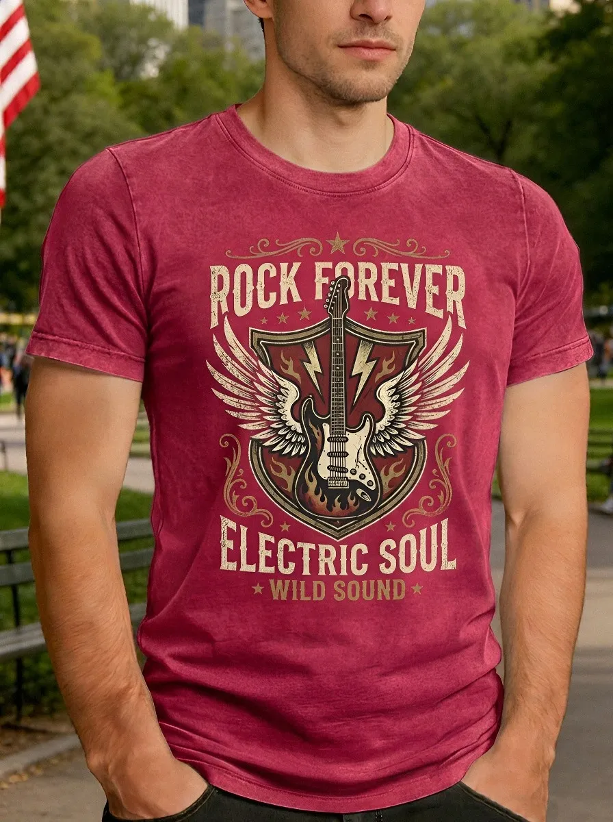 Men's Rock Music Lover Winged Electric Guitar Printed T-shirt