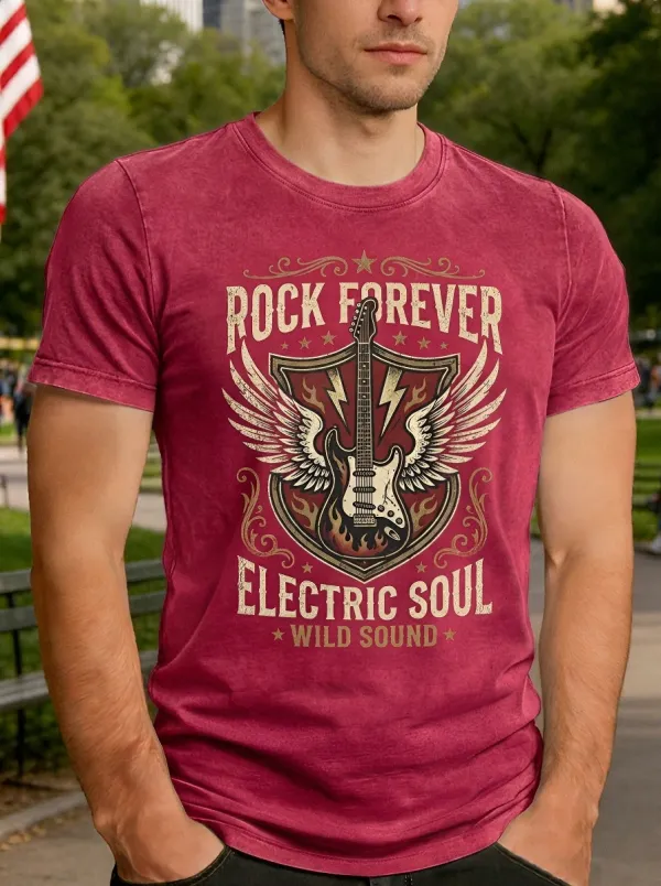 Men's Rock Music Lover Winged Electric Guitar Printed T-shirt