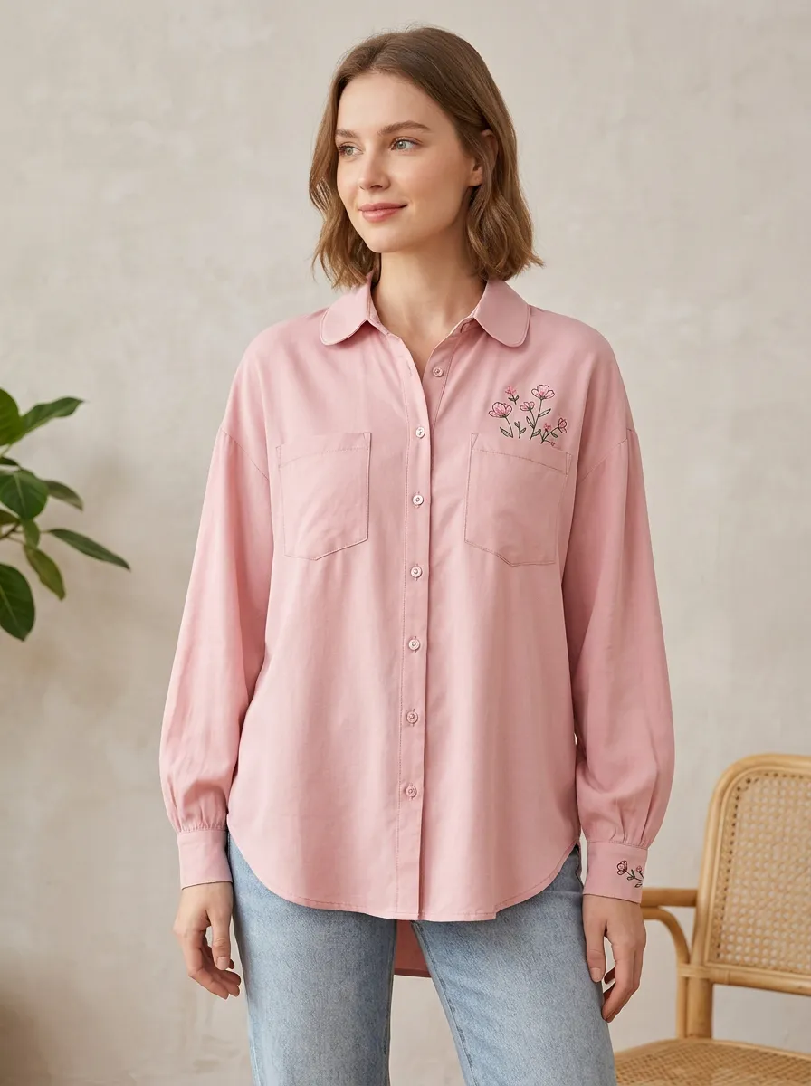 Women's Floral Lover Pink Flower Embroidered Printed Shirt