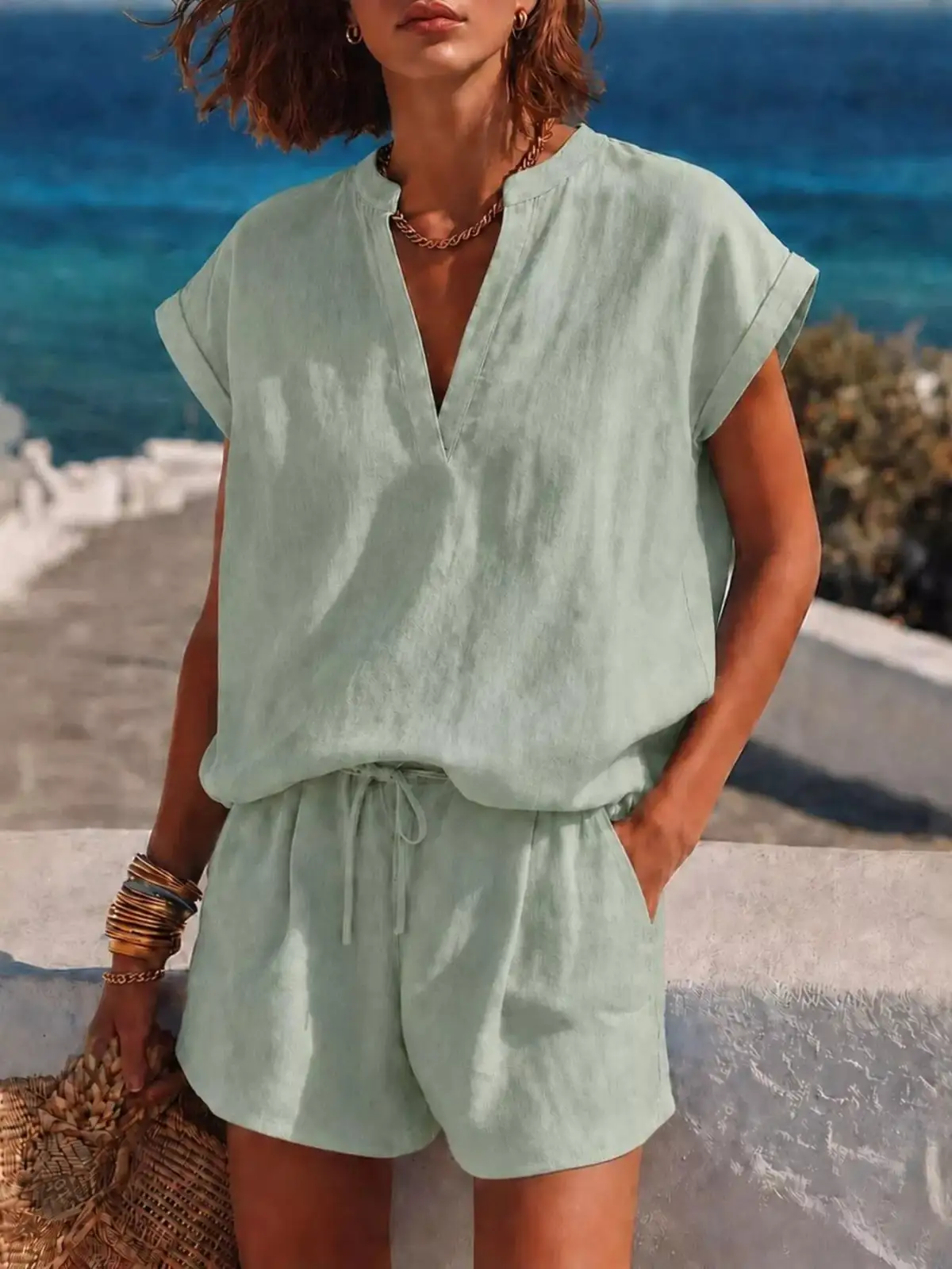Refined Drawstring Pocketed Top and Shorts Matching Set