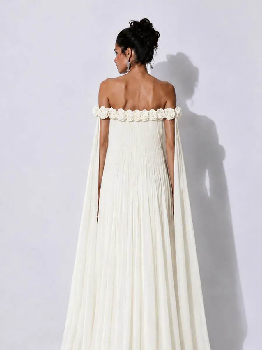 Grace 3D Floral Pleated Off-Shoulder Maxi Dress