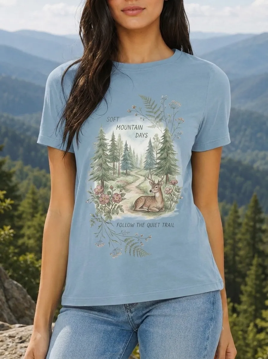 Women's Nature Lover Deer Forest Trail Printed T-shirt