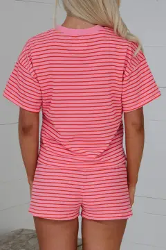 Drawstring Knit Striped Two-Piece Tee and Shorts Set