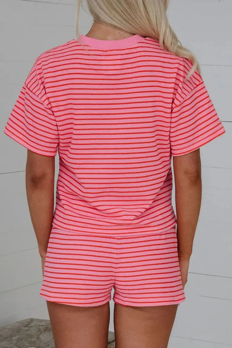 Drawstring Knit Striped Two-Piece Tee and Shorts Set