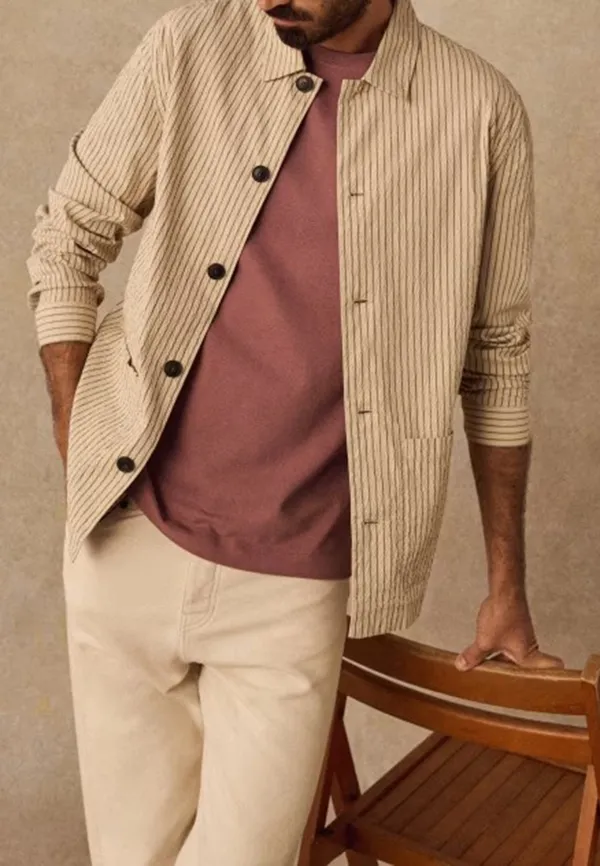 Beige Green Stripe Seersucker Casual Chore Jacket