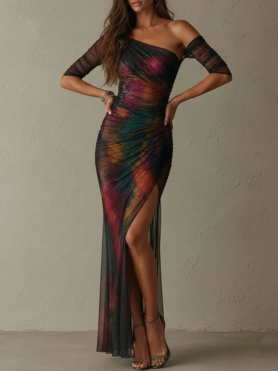 Retro Elegant Galaxy Print One-Shoulder Ruched Mesh Evening Maxi Dress