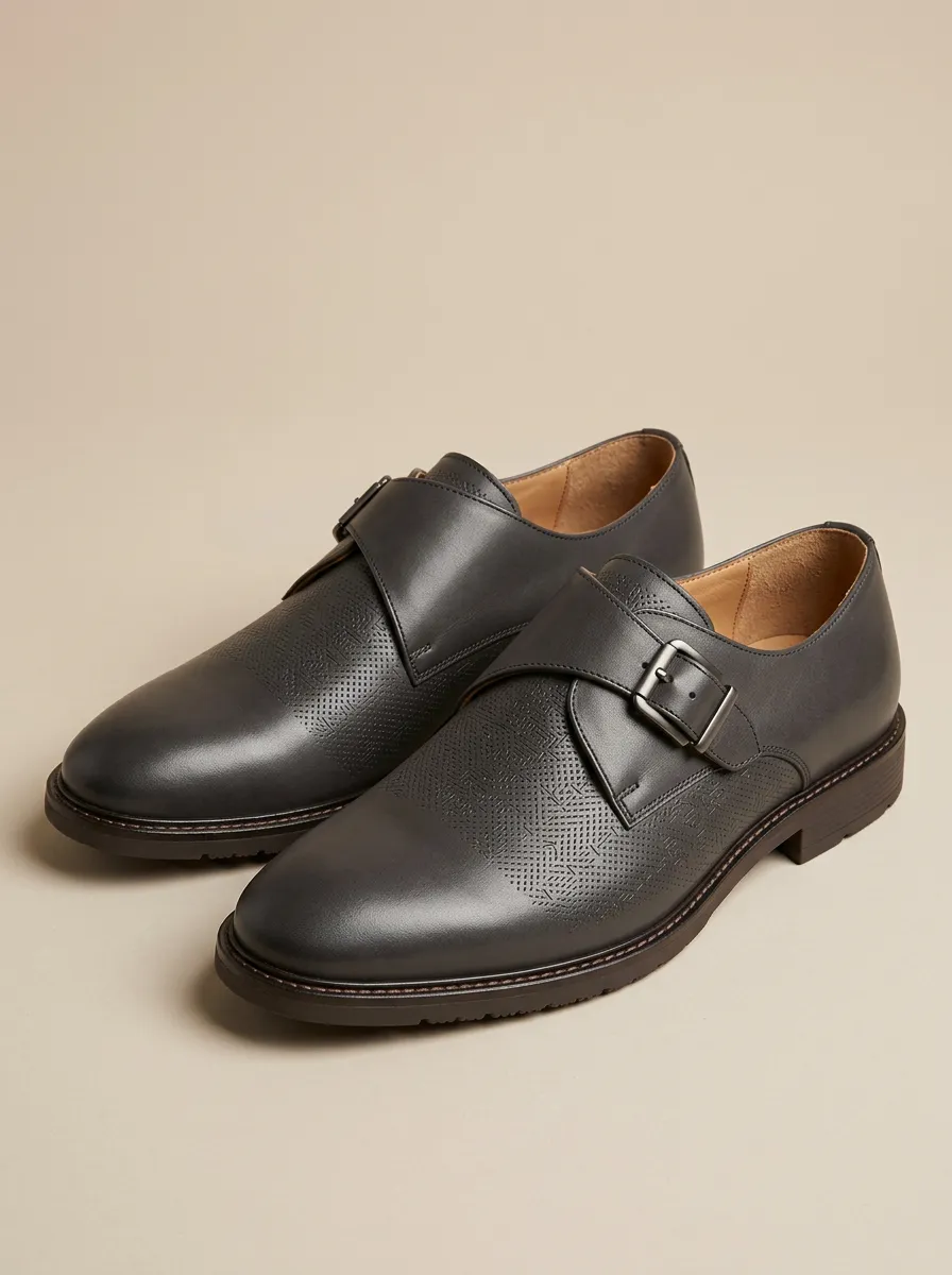 Men's Business Casual Geometric Pattern Embossed Leather Monk Strap Shoes