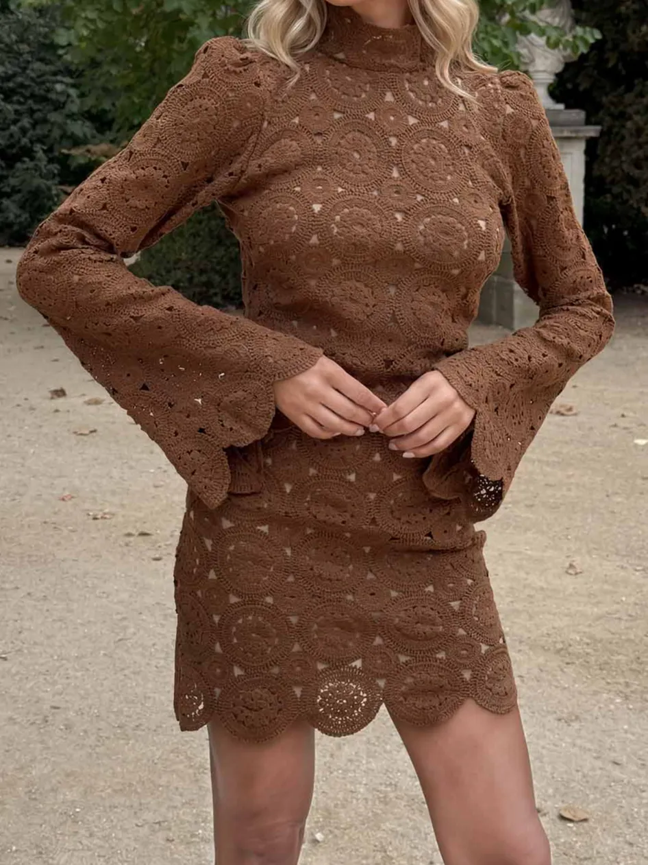 High Neck Lace Flare Sleeve Mini Dress