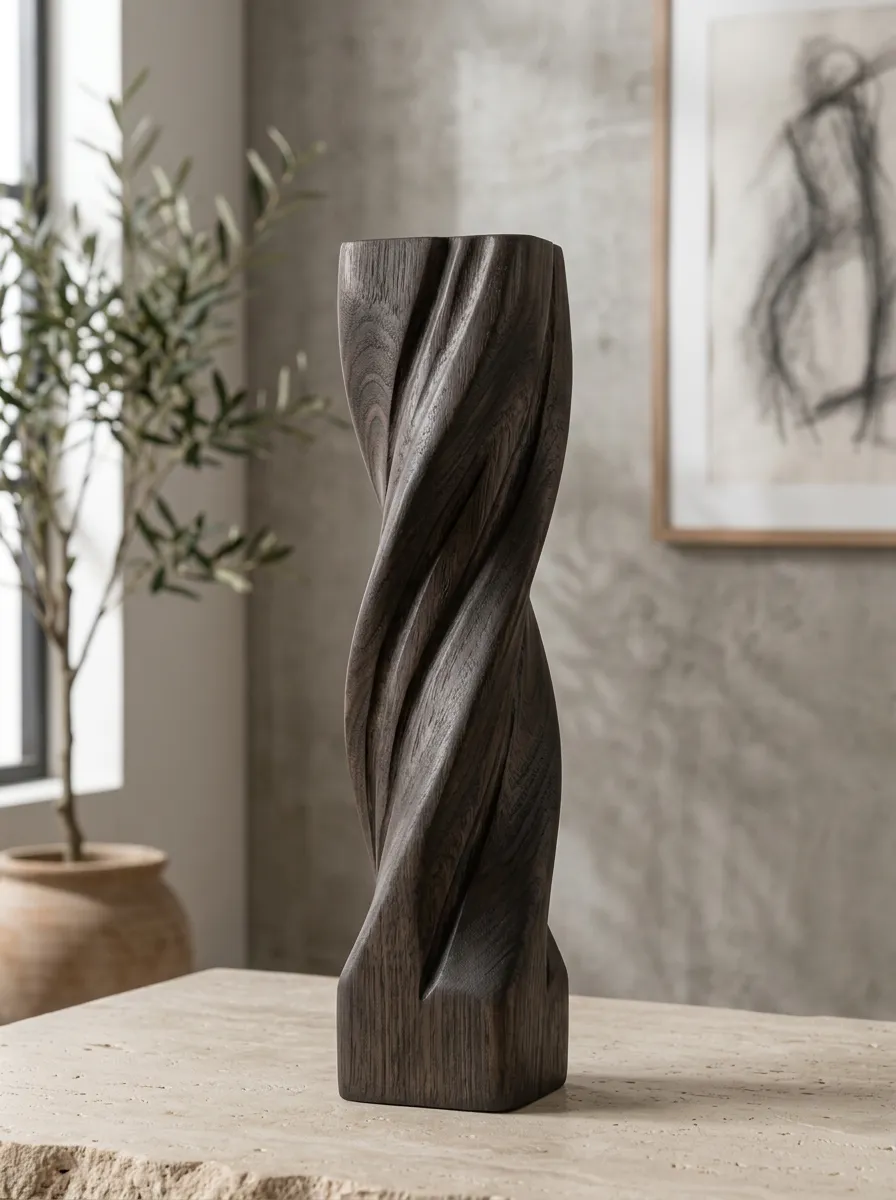 Modern Home Decor Minimalist Twisted Dark Wood Carved Ornament