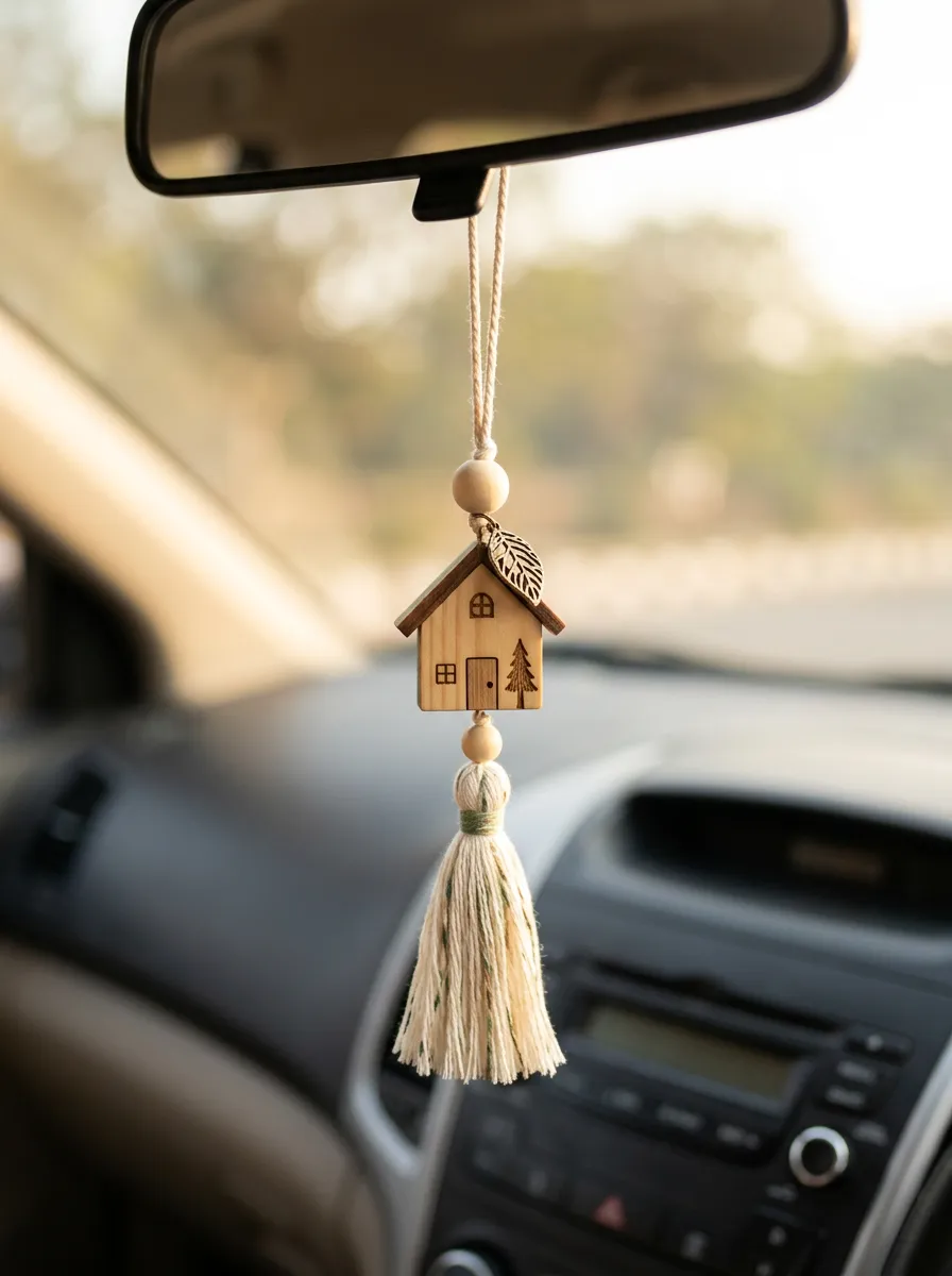 Tassel Wooden House Rearview Mirror Hanging Ornament