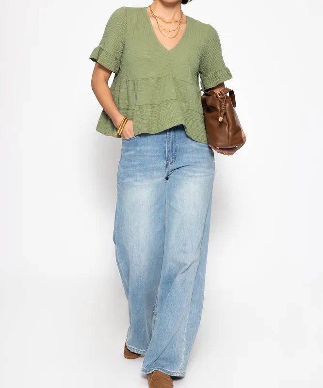 Khaki  Deep V Shirt