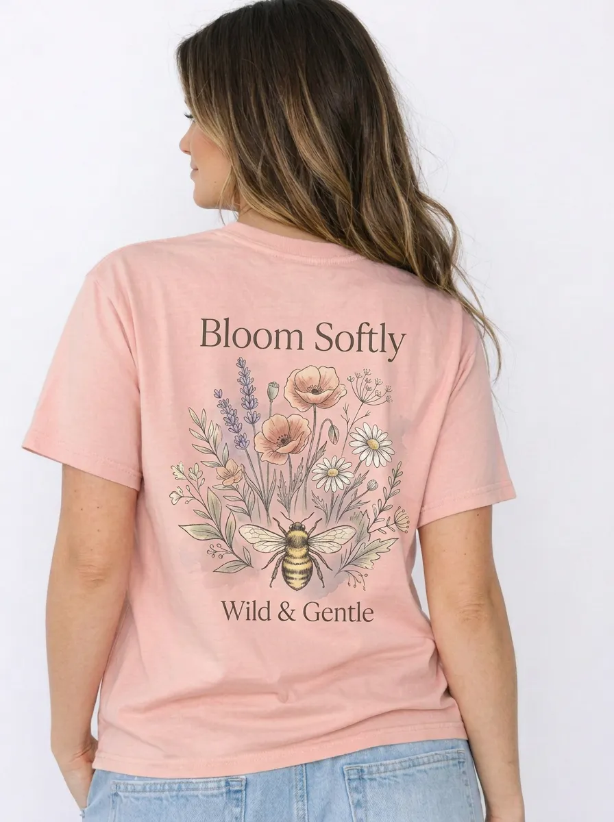 Women's Nature Lover Bee Floral Bloom Softly Printed T-shirt