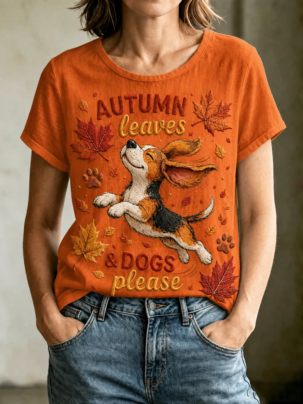 Women'S Autumn Leaves&Running Dog Printed Short Sleeved T-Shirt