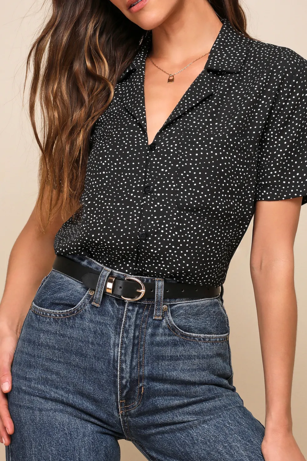 Casual Style Polka Dot Short Sleeve Button-Up Top