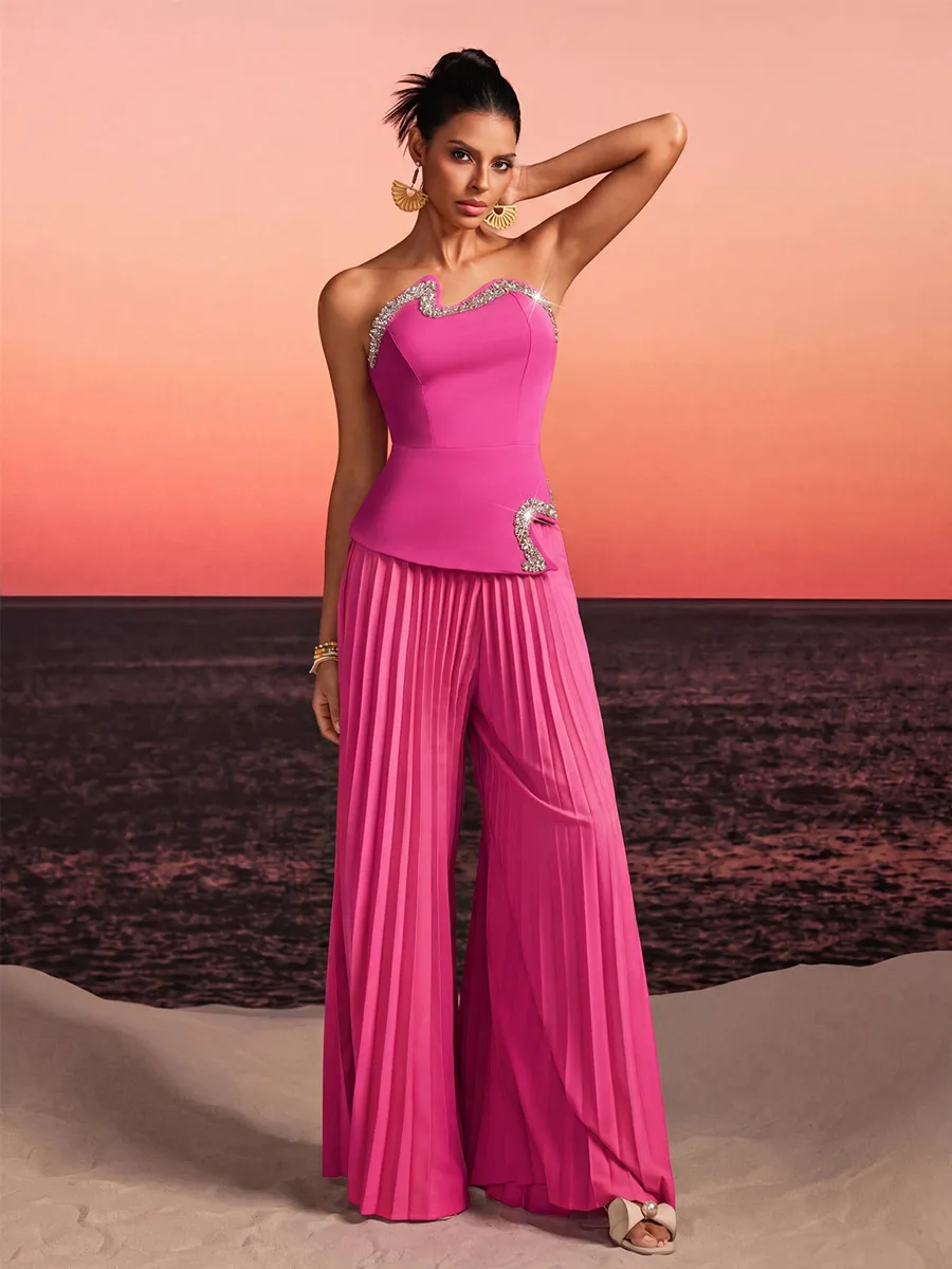 Zora Strapless Crystal Pleated Pants Set