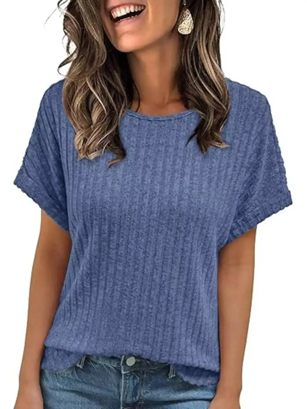 Casual Ribbed Knit Short Sleeve T Shirt