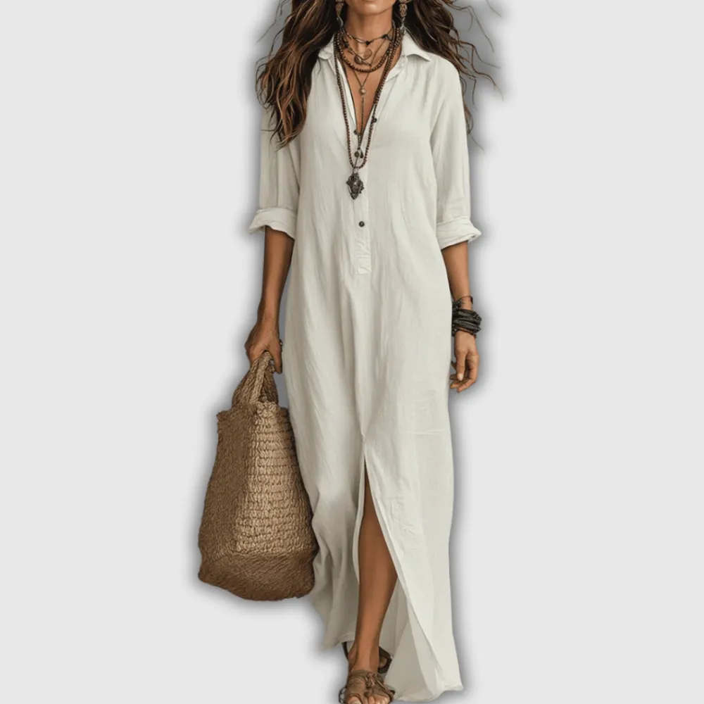 Linen Shirt Style Relaxed Maxi Dress