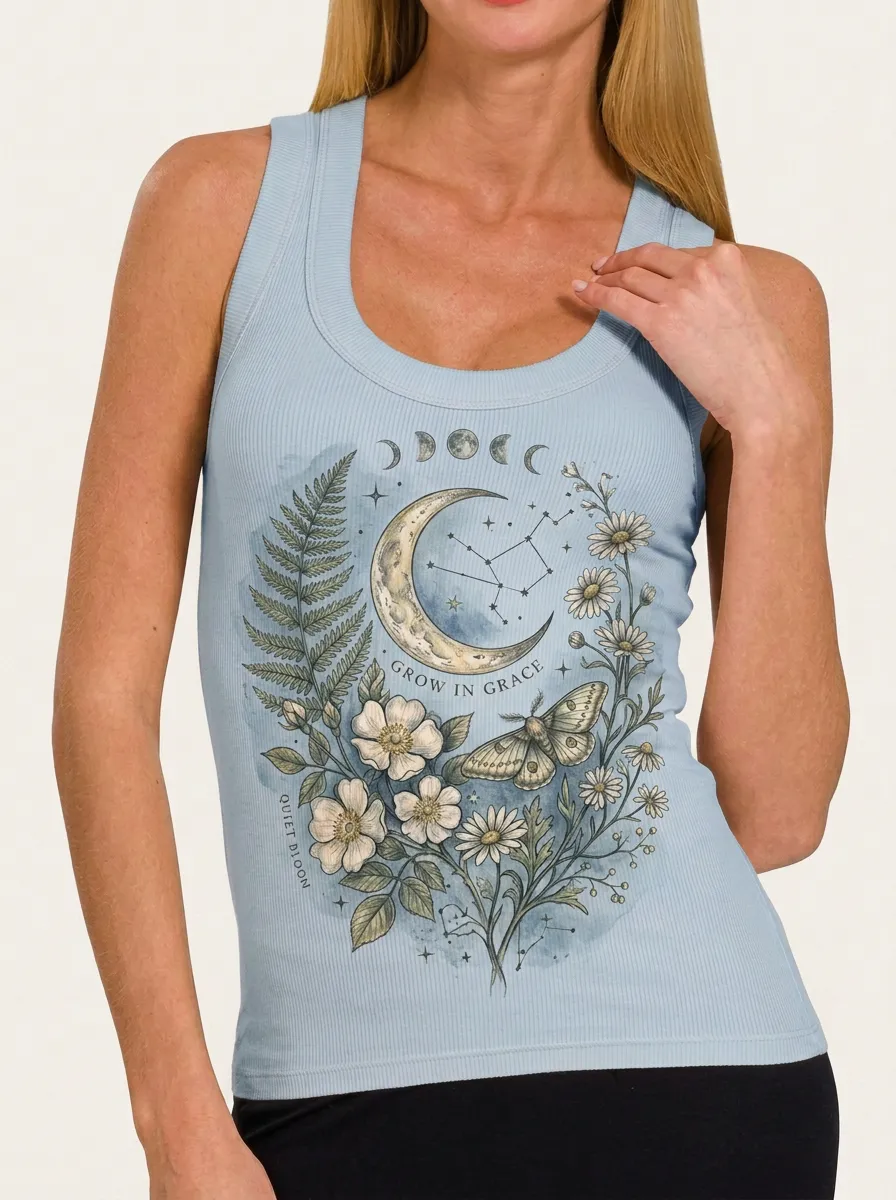 Women's Celestial Floral Moon Moth Printed Ribbed Tank Top