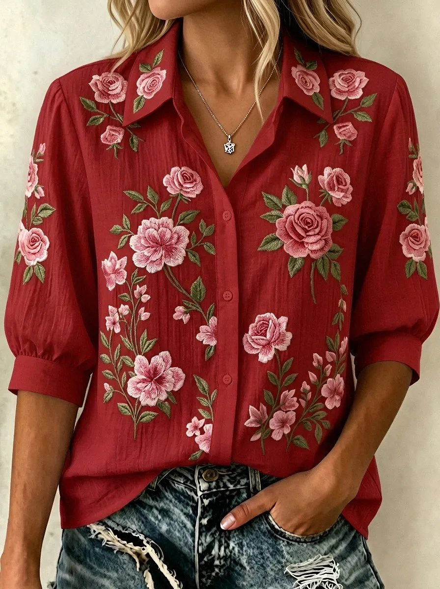 Women's Breast Cancer Awareness Pink Rose Floral Embroidered Button-up Shirt