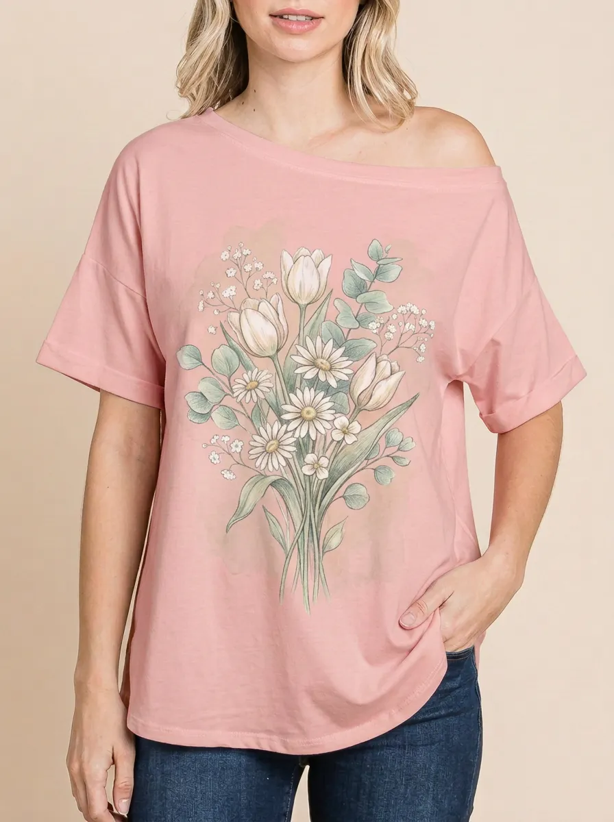 Women's Floral Lover Tulip Daisy Bouquet Printed T-shirt