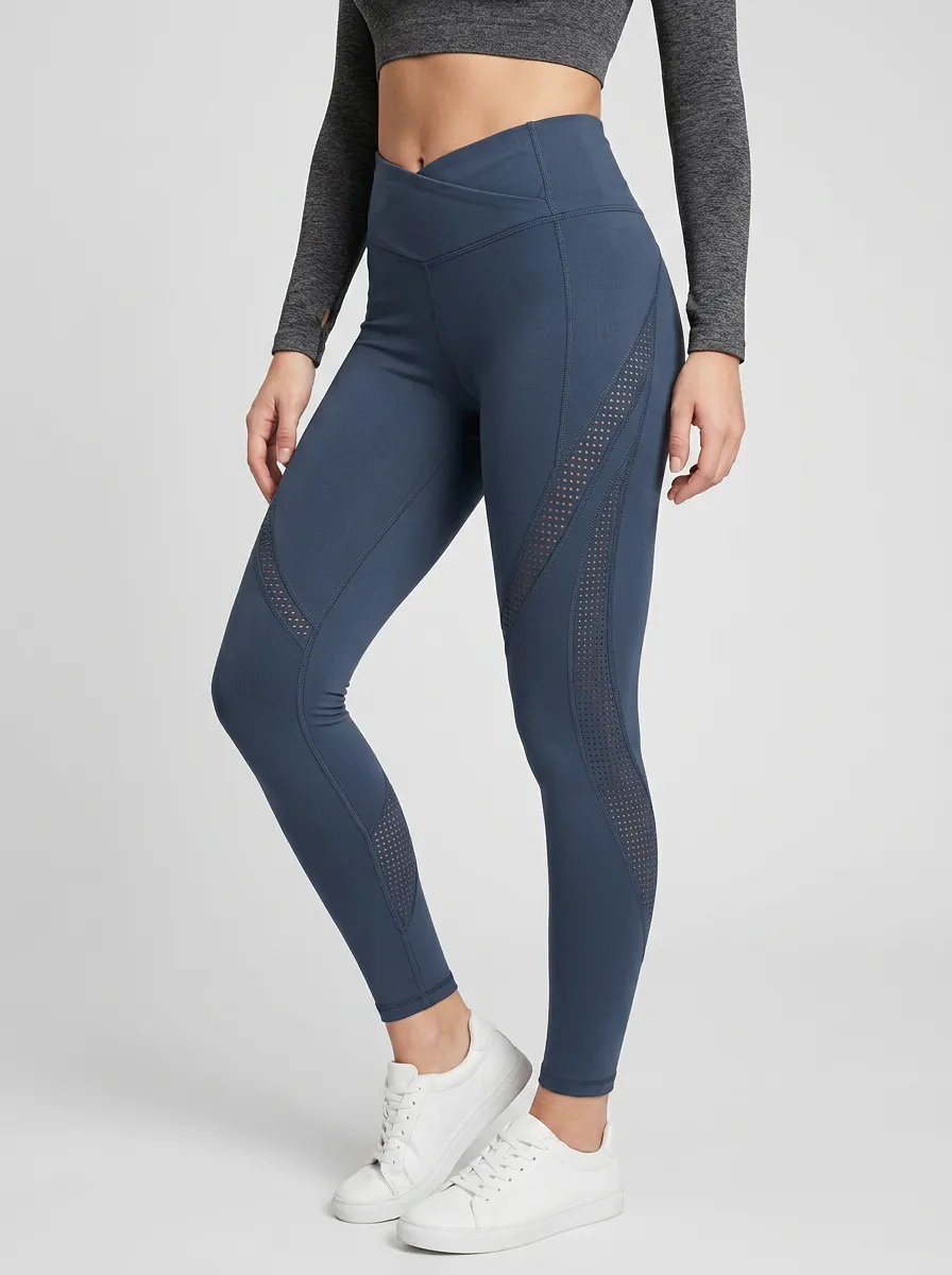 Women's Yoga Cross-Waist High-Rise Mesh-Paneled Leggings