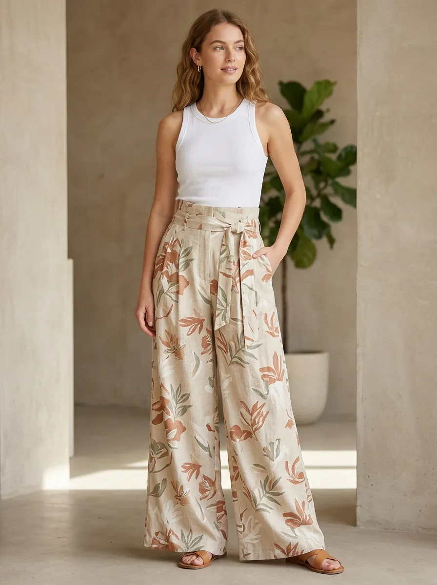 Women's Boho Style Botanical Floral Printed Wide Leg Pants