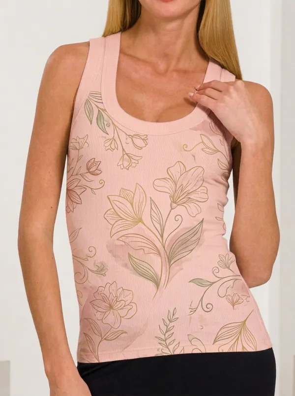 Women's Botanical Floral Line Art Printed Ribbed Tank Top