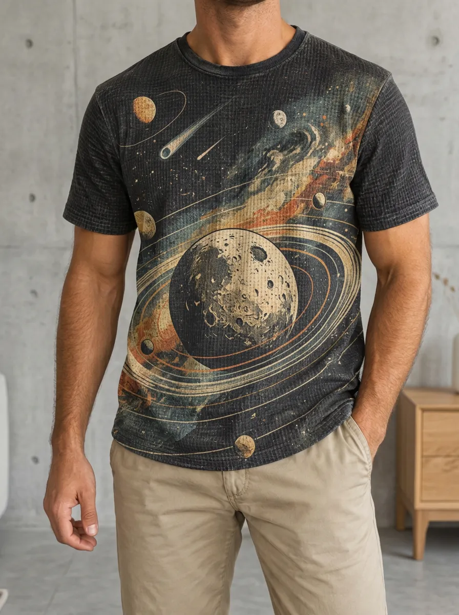 Men's Space Astronomy Planet Saturn Signature Crew Neck T-Shirt