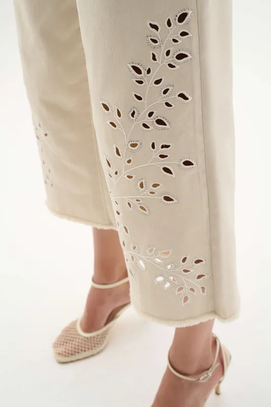 Cotton Embroidered Eyelet Wide Leg Jeans
